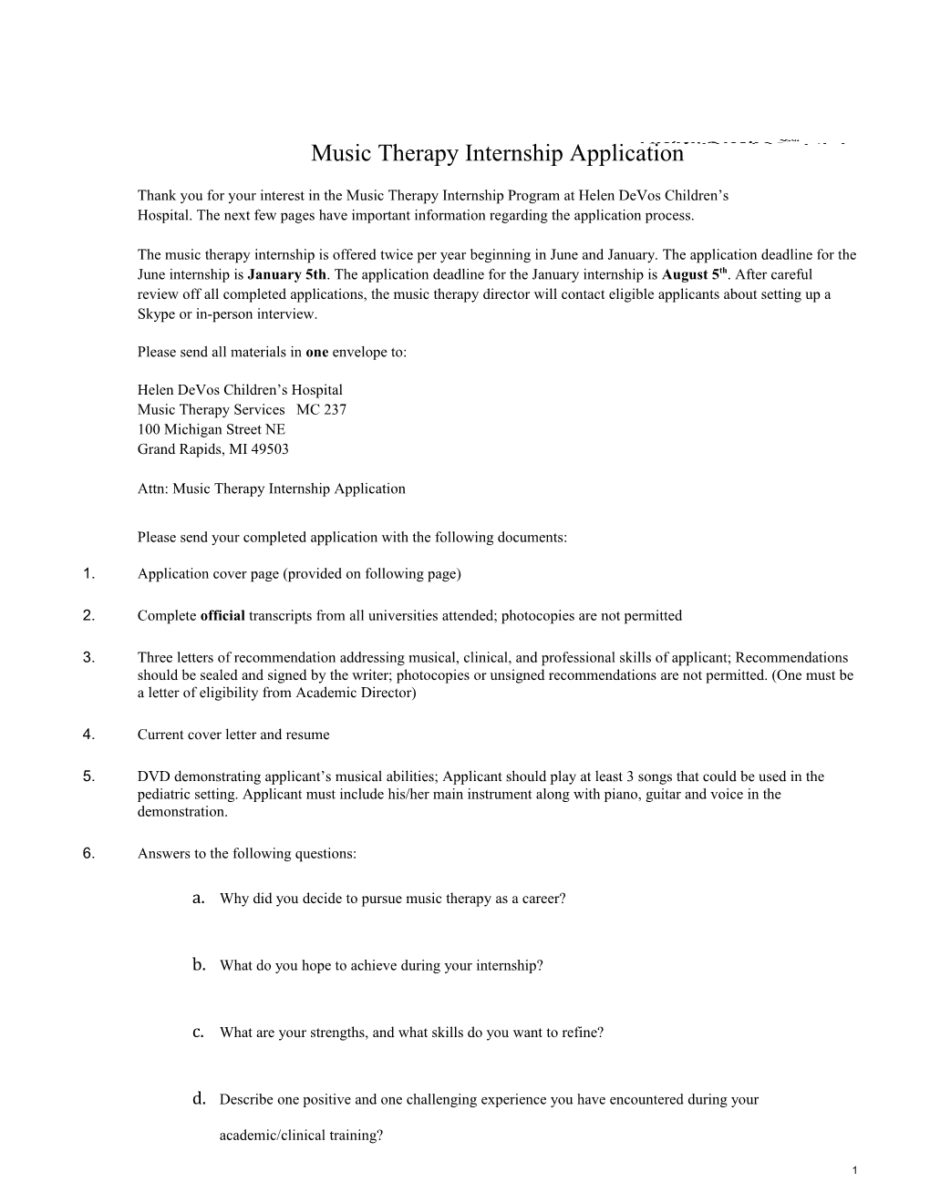 Music Therapy Internship Application