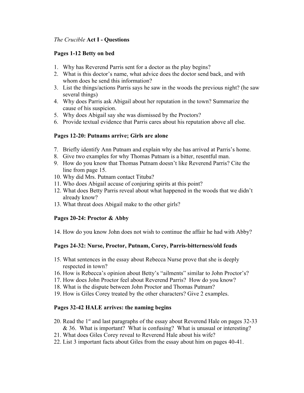 The Crucible Act I Questions (From P3-P24)