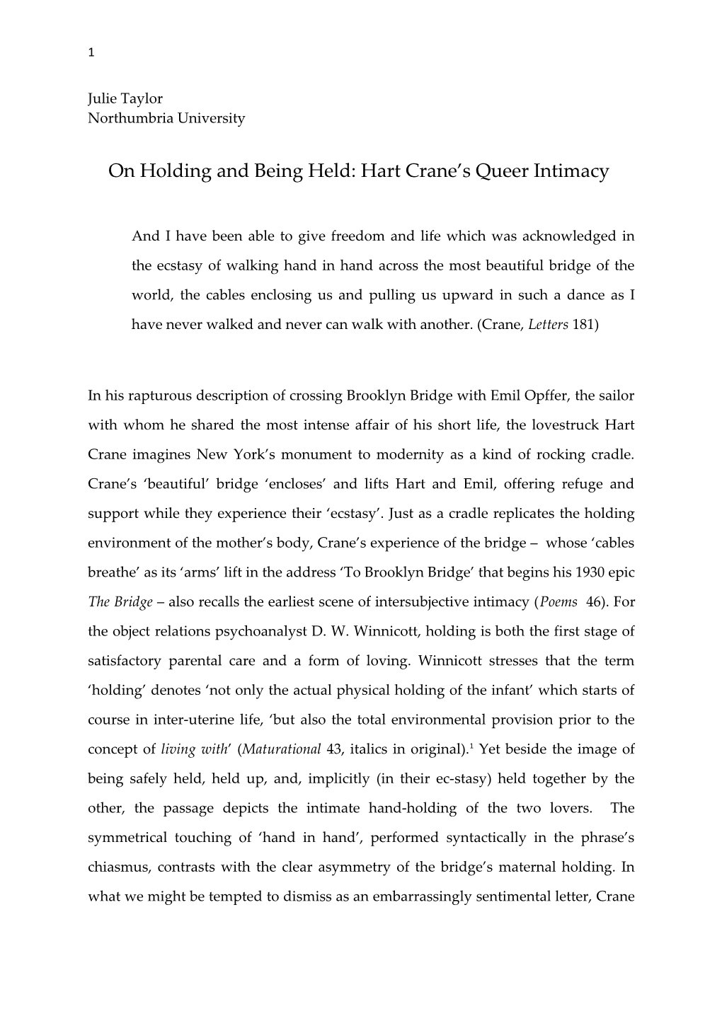 On Holding and Being Held: Hart Crane S Queer Intimacy