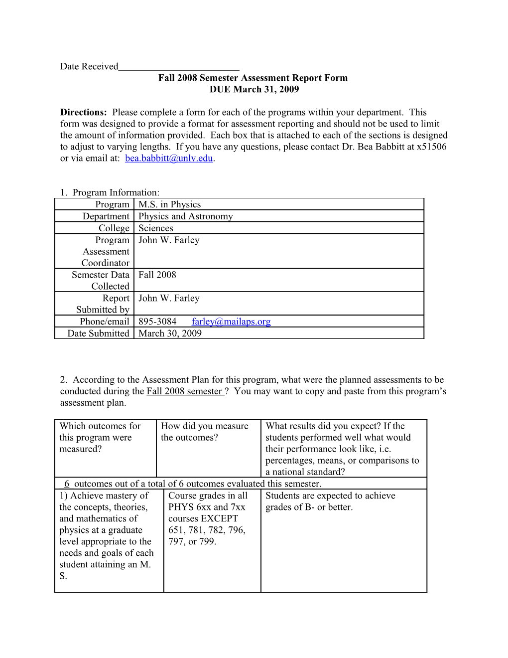 Annual Assessment Report Form for Student Learning Outcomes Ass