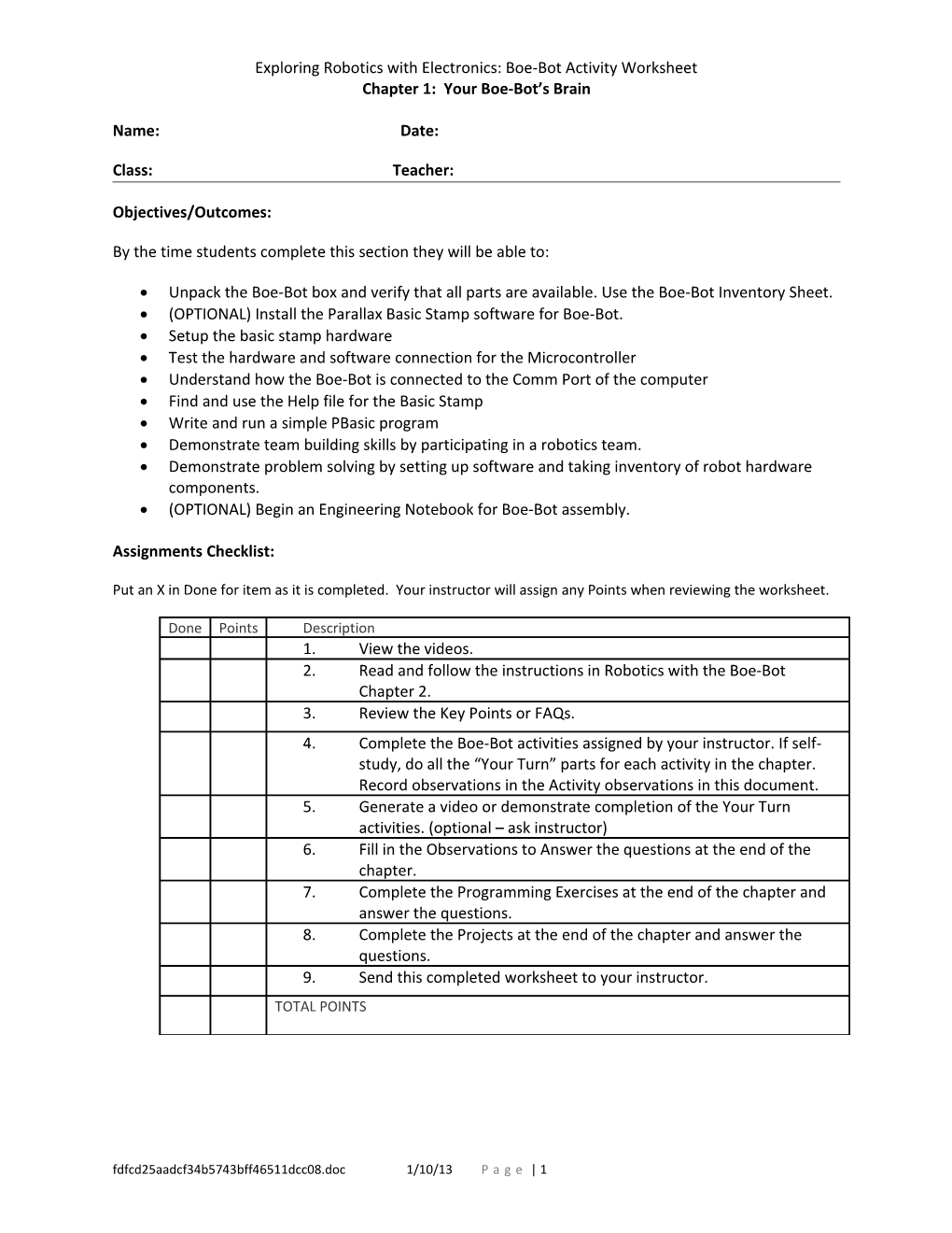 Exploring Robotics with Electronics: Boe-Bot Activity Worksheet s1