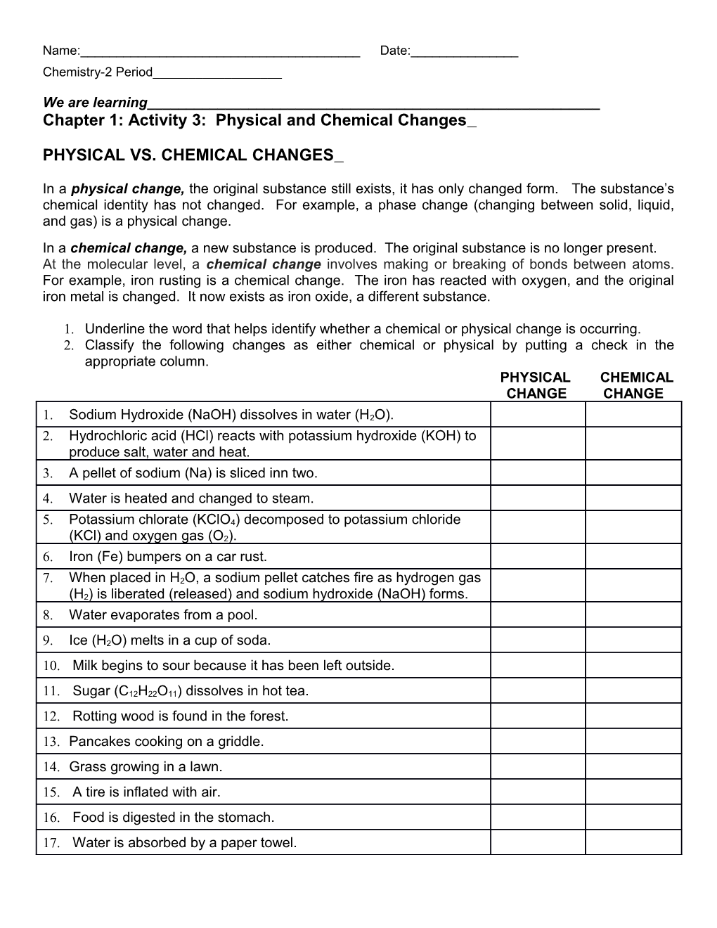 Chapter 1: Activity 3: Physical and Chemical Changes