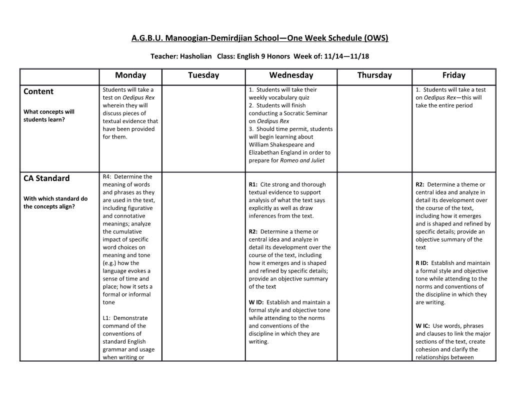 A.G.B.U. Manoogian-Demirdjian School One Week Schedule (OWS) s4