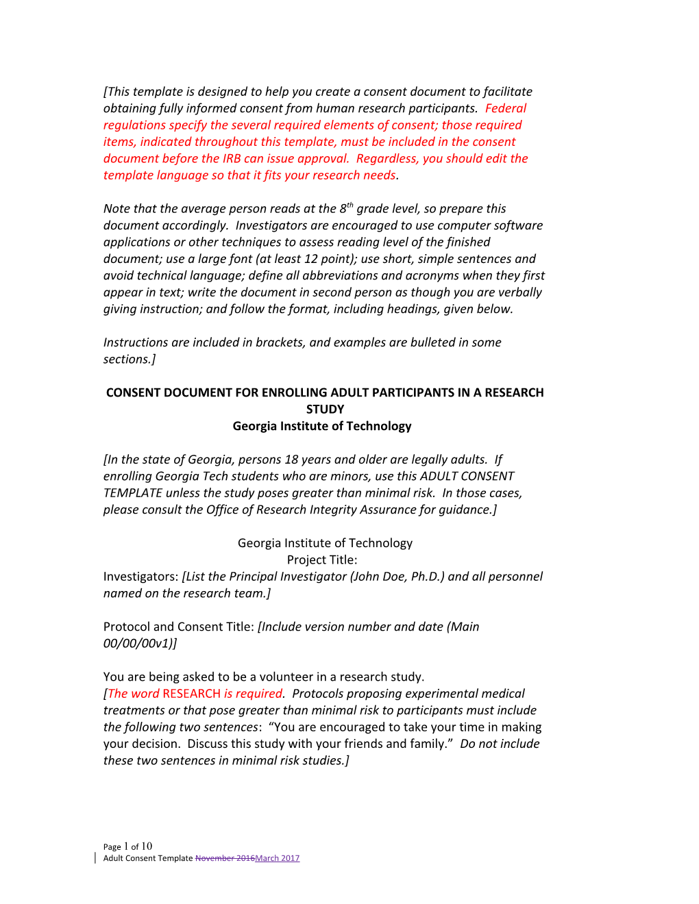 Consent Document for Enrolling Adult Participants in a Research Study