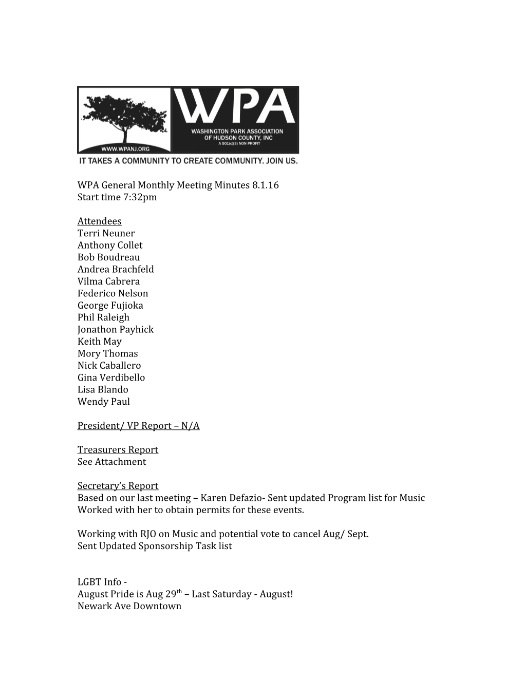 WPA General Monthly Meeting Minutes 8.1.16
