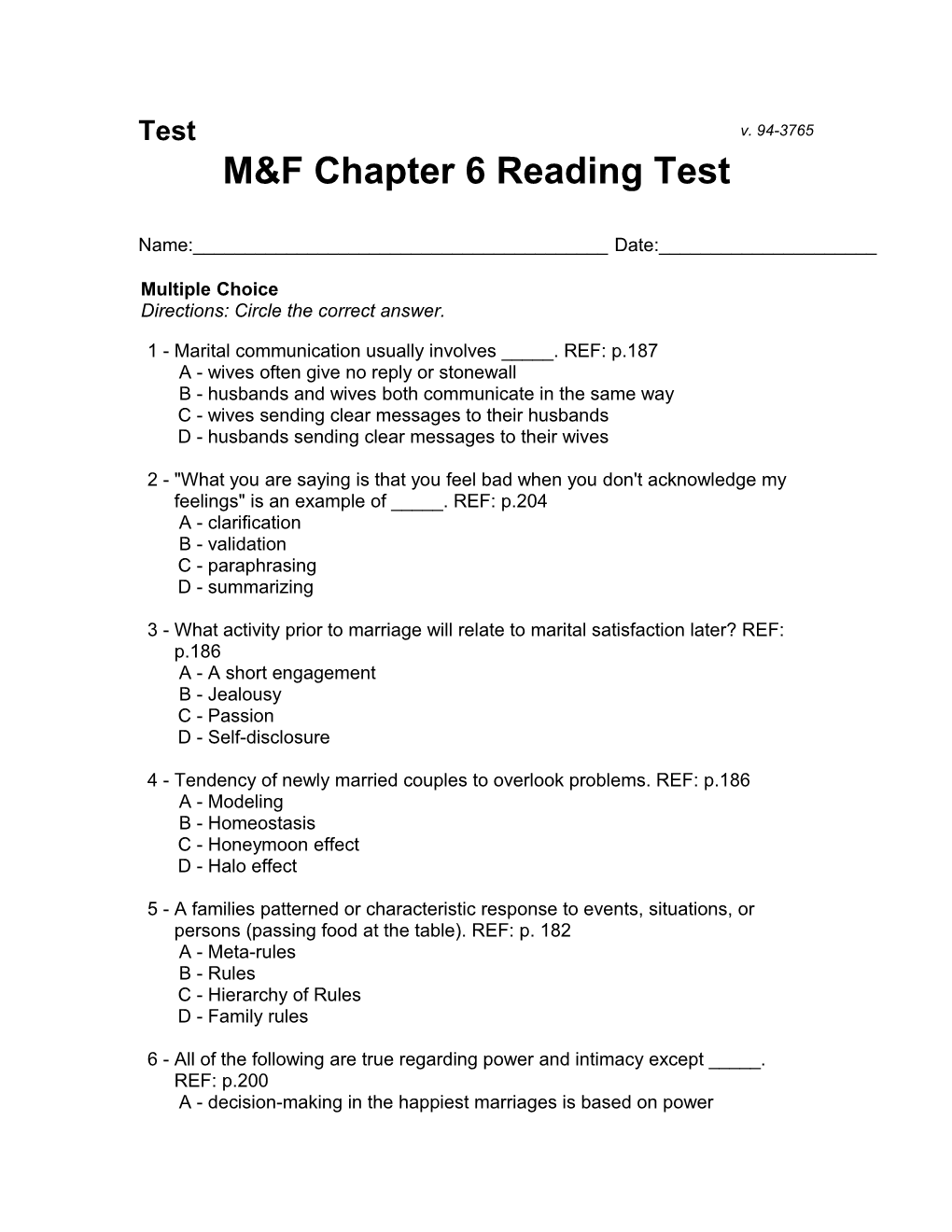 M&F Chapter 6 Reading Test