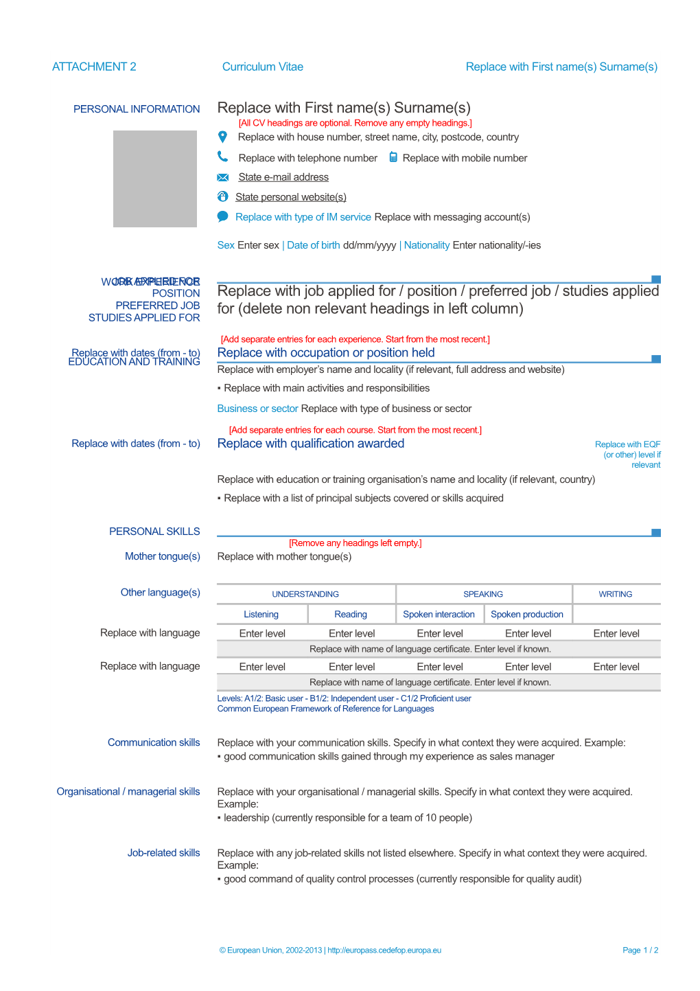 ATTACHMENT 2Curriculum Vitae Replace with First Name(S) Surname(S)