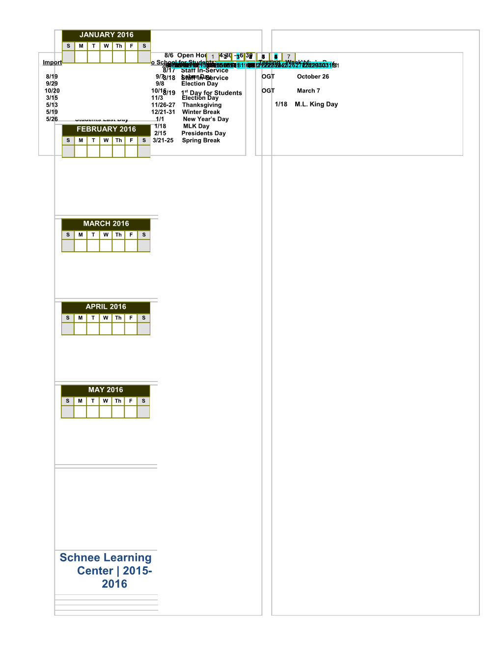 Schnee Learning Center 2015-2016 Calendar