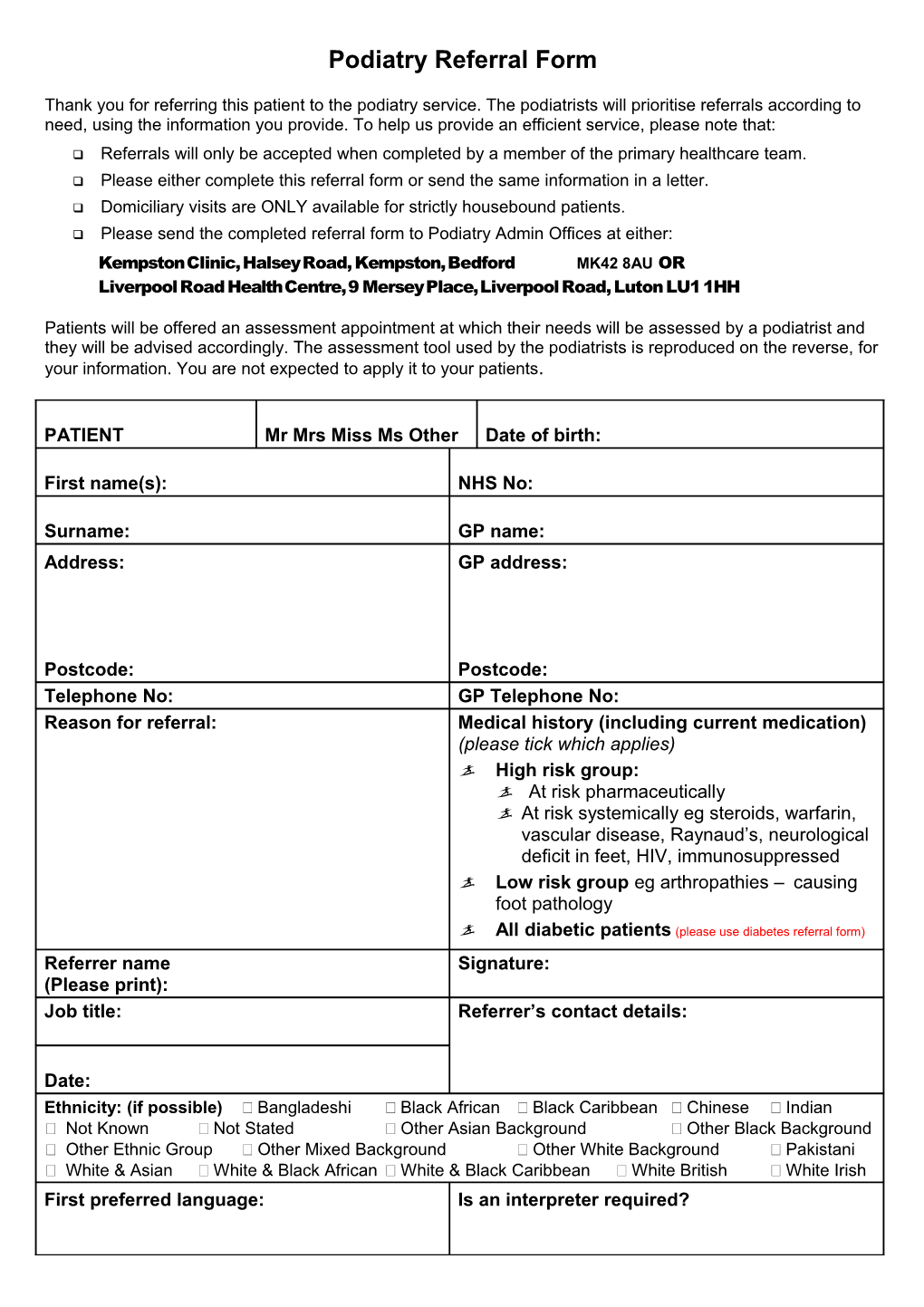 Podiatry Referral Form