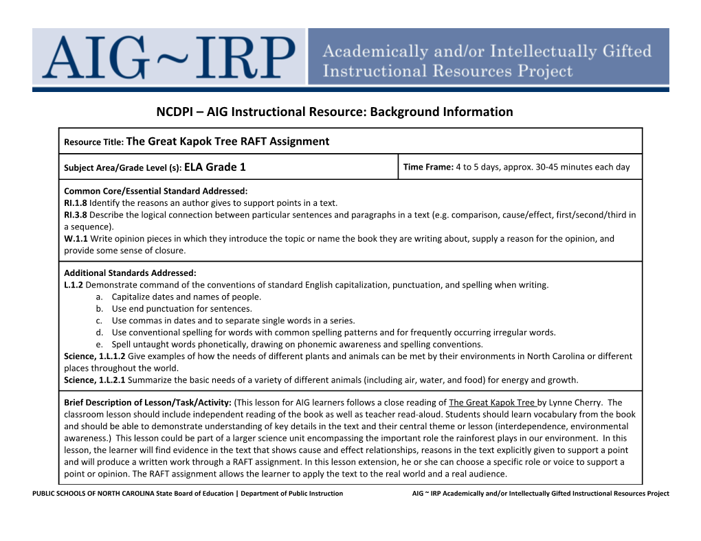 NCDPI AIG Instructional Resource: Background Information s16
