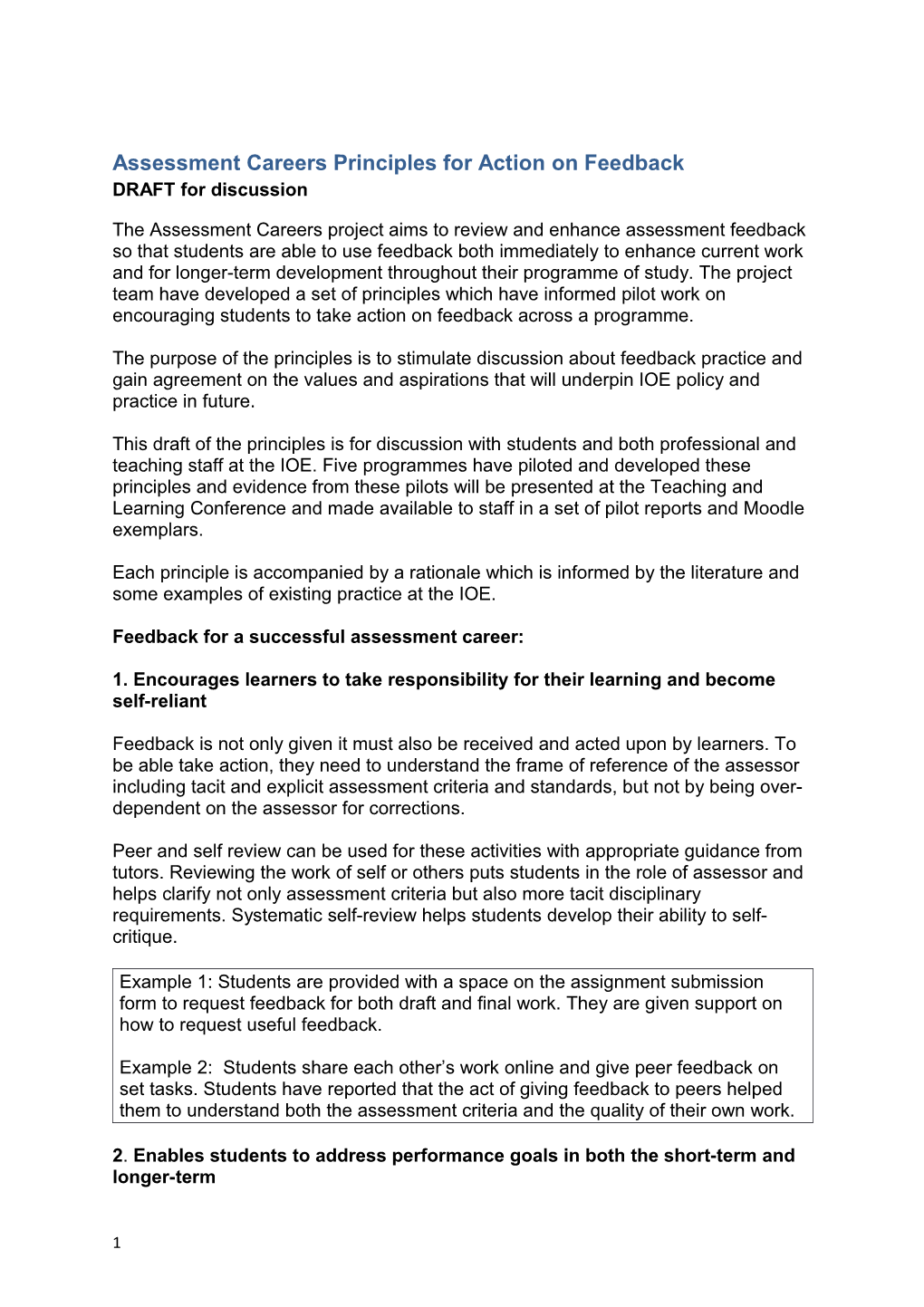 Assessment Careers Principles for Action on Feedback