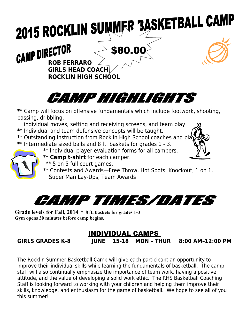 Camp Will Focus on Offensive Fundamentals Which Include Footwork, Shooting, Passing, Dribbling