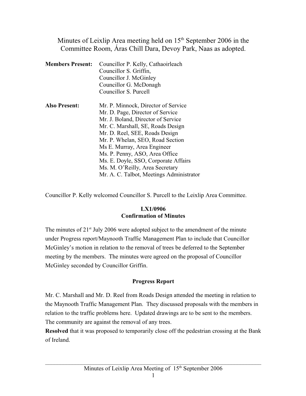 Draft Minutes of Leixlip Area Meeting Held on 15Th September 2006 in the Committee Room