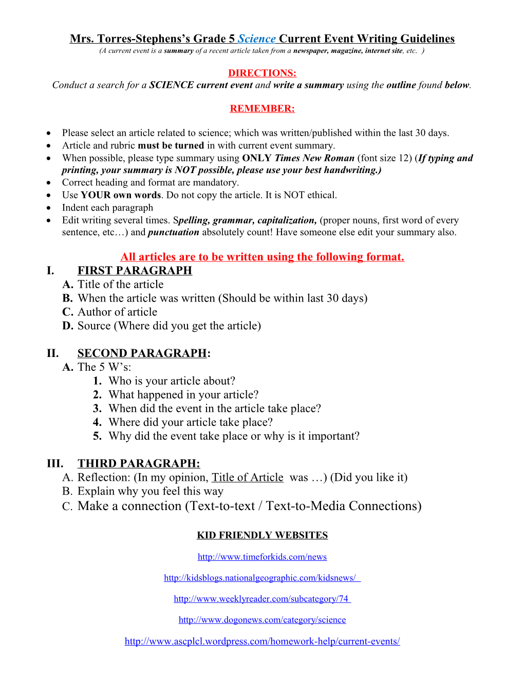 4Th Grade Current Event Writing Guidelines