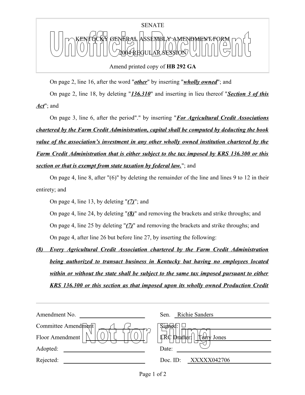 Kentucky General Assembly Amendment Form s7