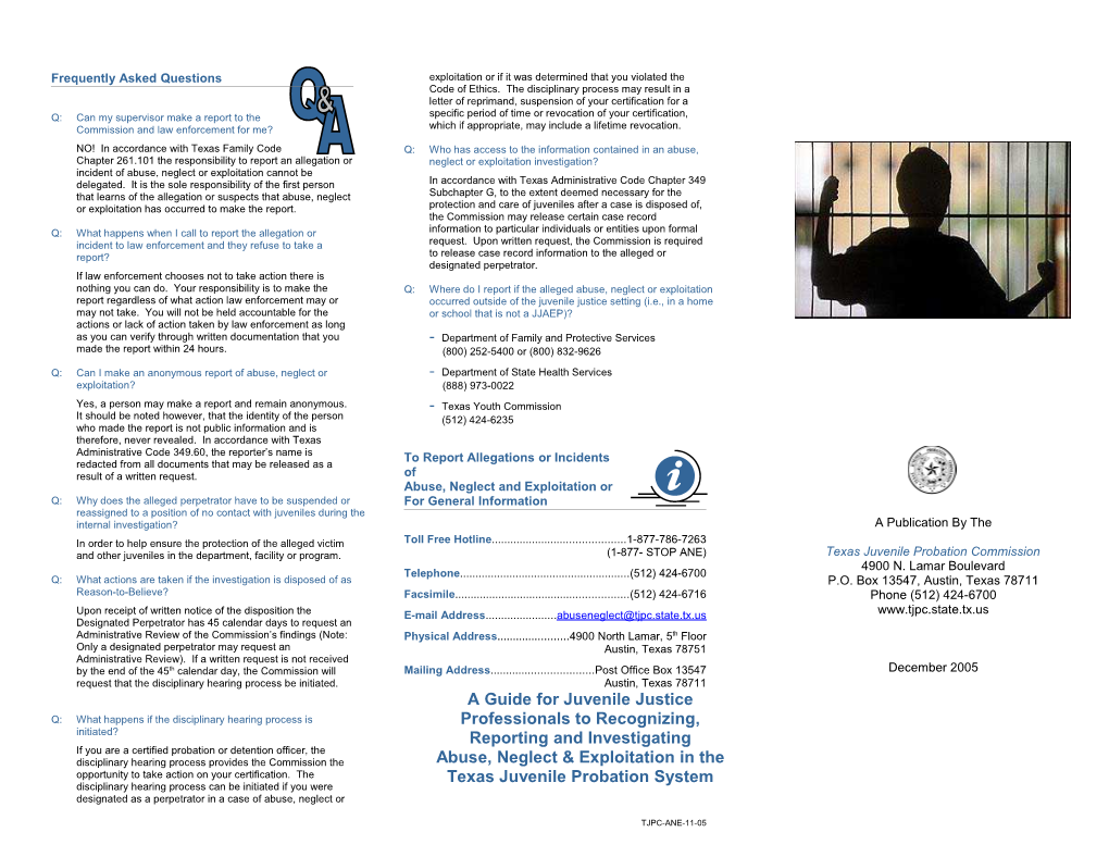 TJPC-ANE-11-05 Brochure - a Guide for Juvenile Justice Professionals to Recognizing, Reporting