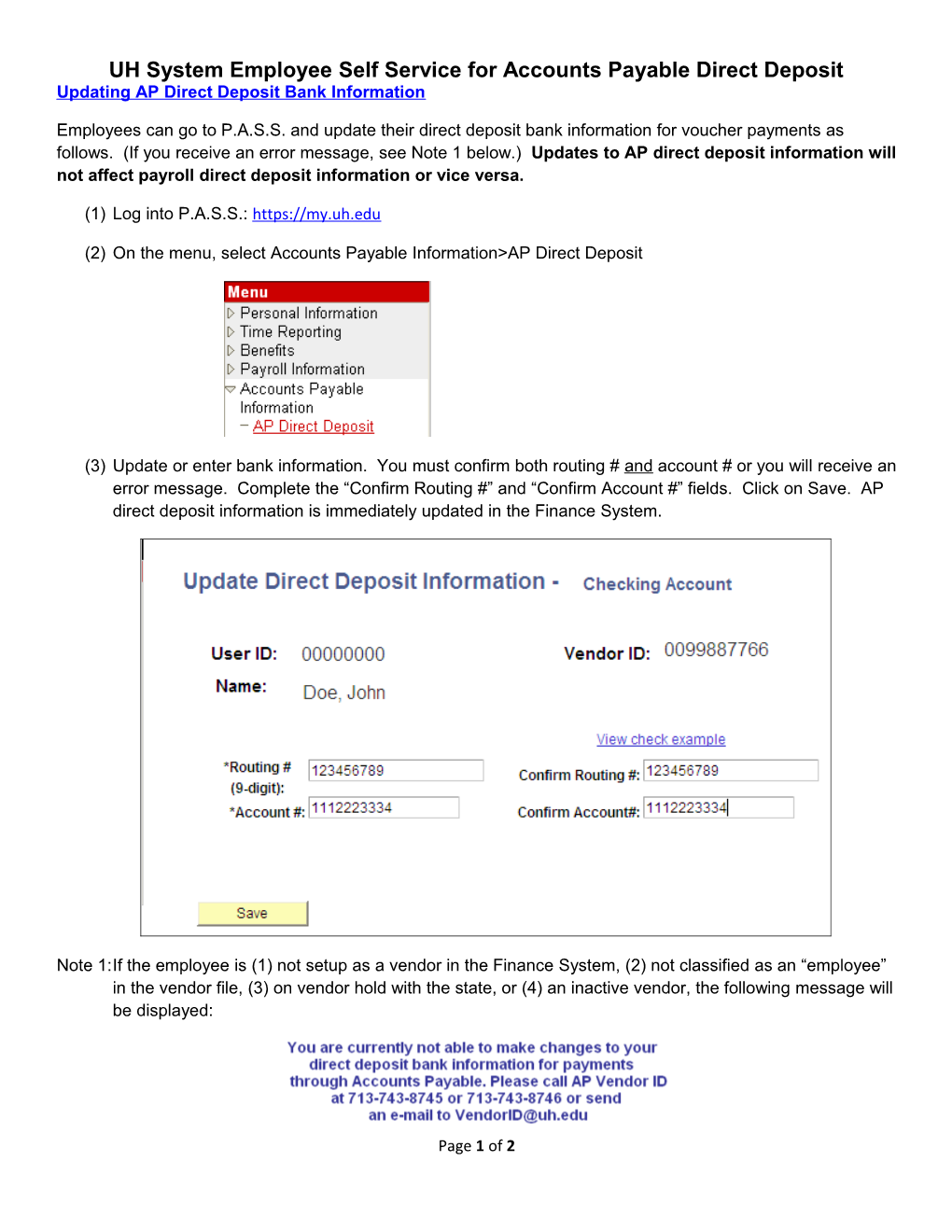 Updating AP Direct Deposit Bank Information