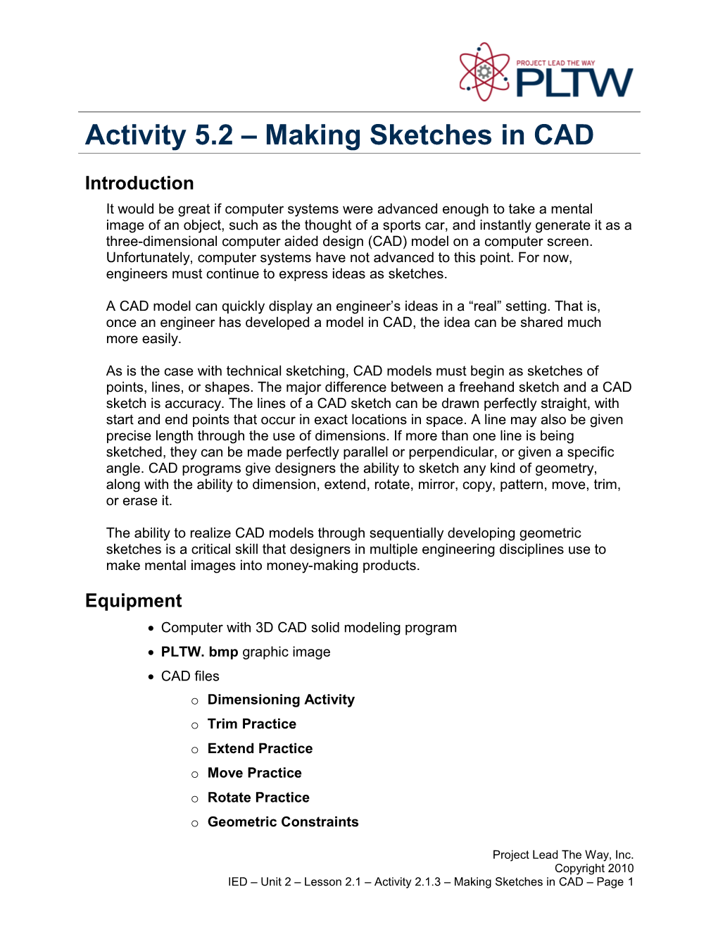Activity 2.1.3: Making Sketches in CAD