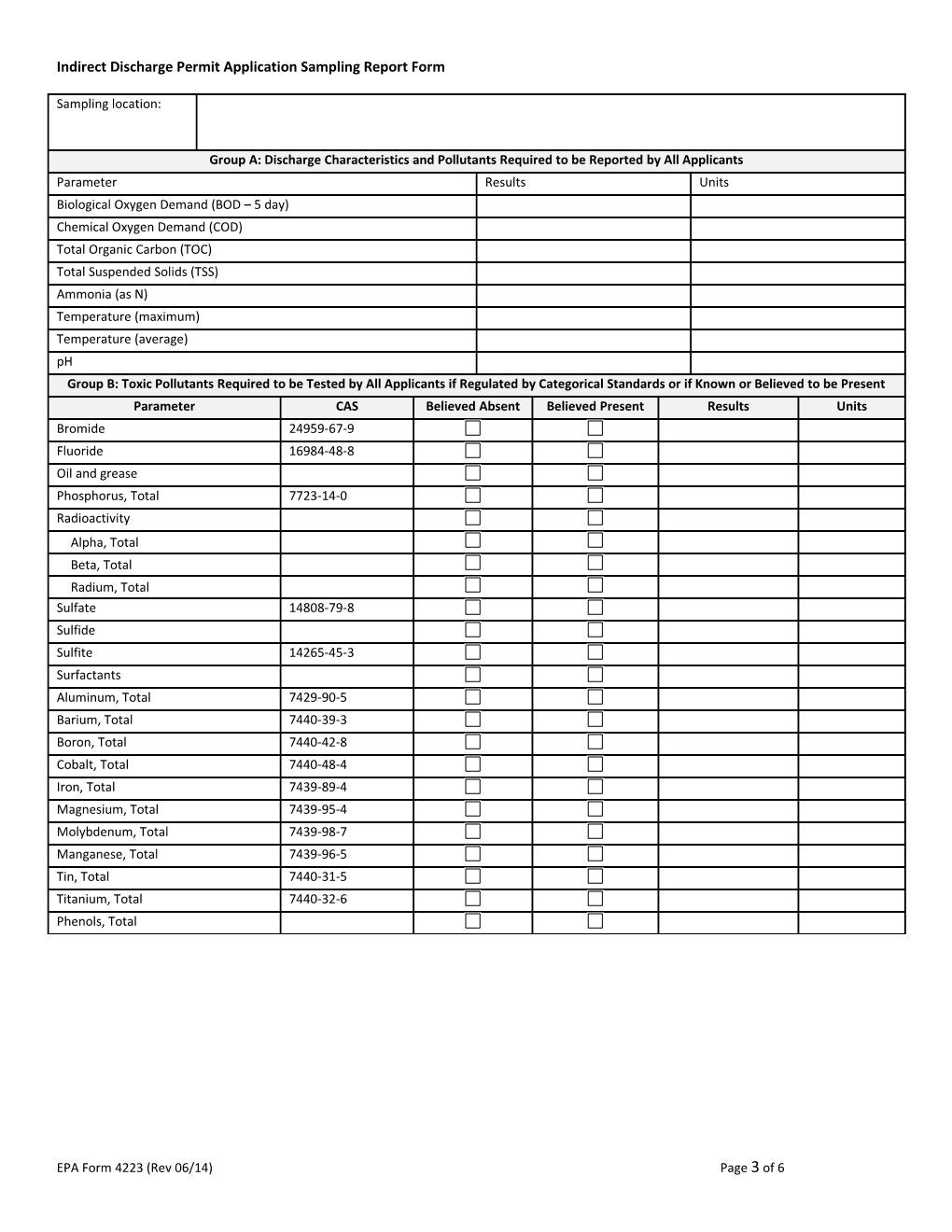 Indirect Discharge Permit Application Sampling Report Form