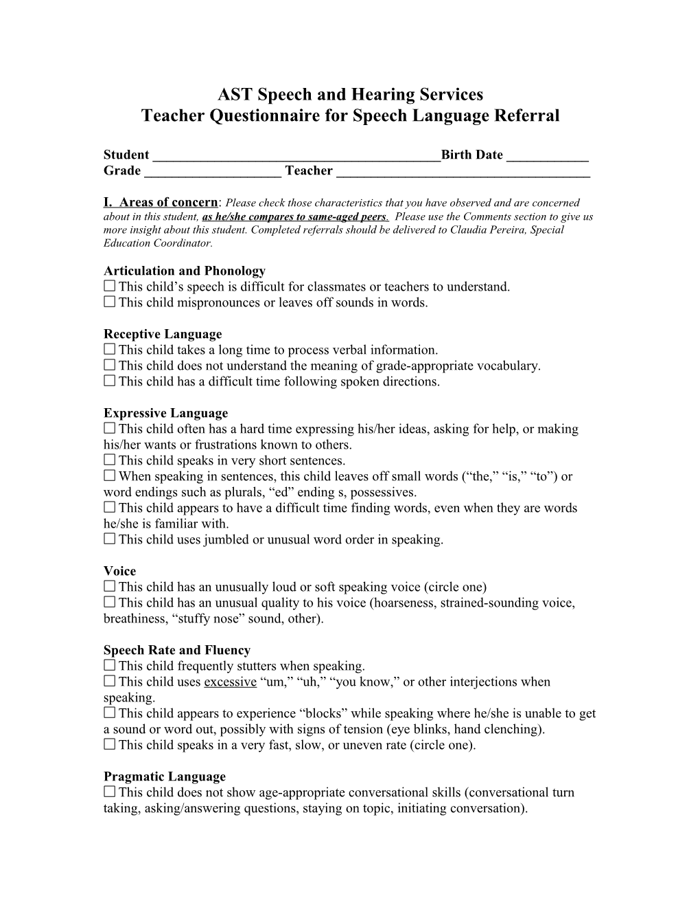 Questionnaire for Speech Language Referral