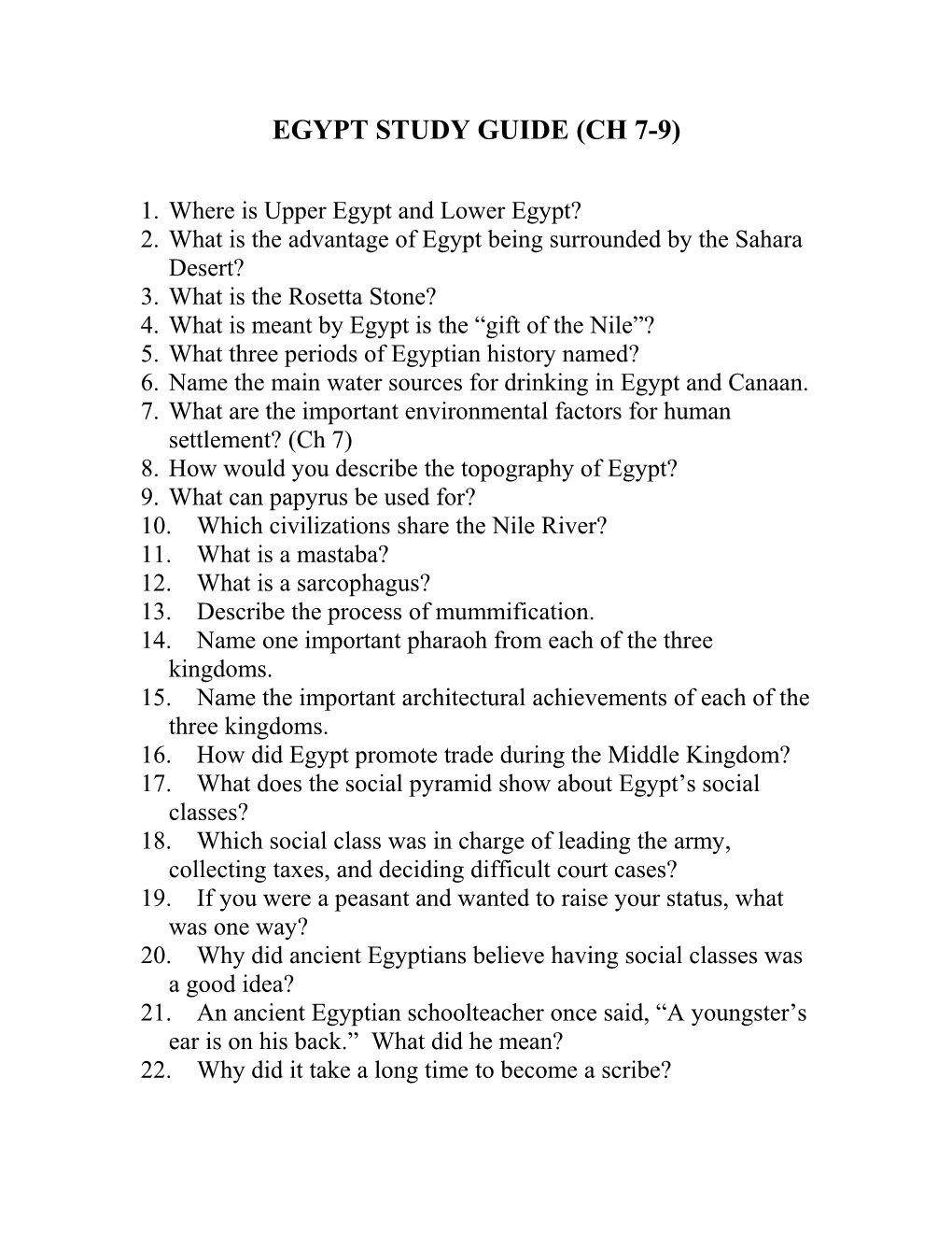 Egypt Study Guide (Ch 7-9)
