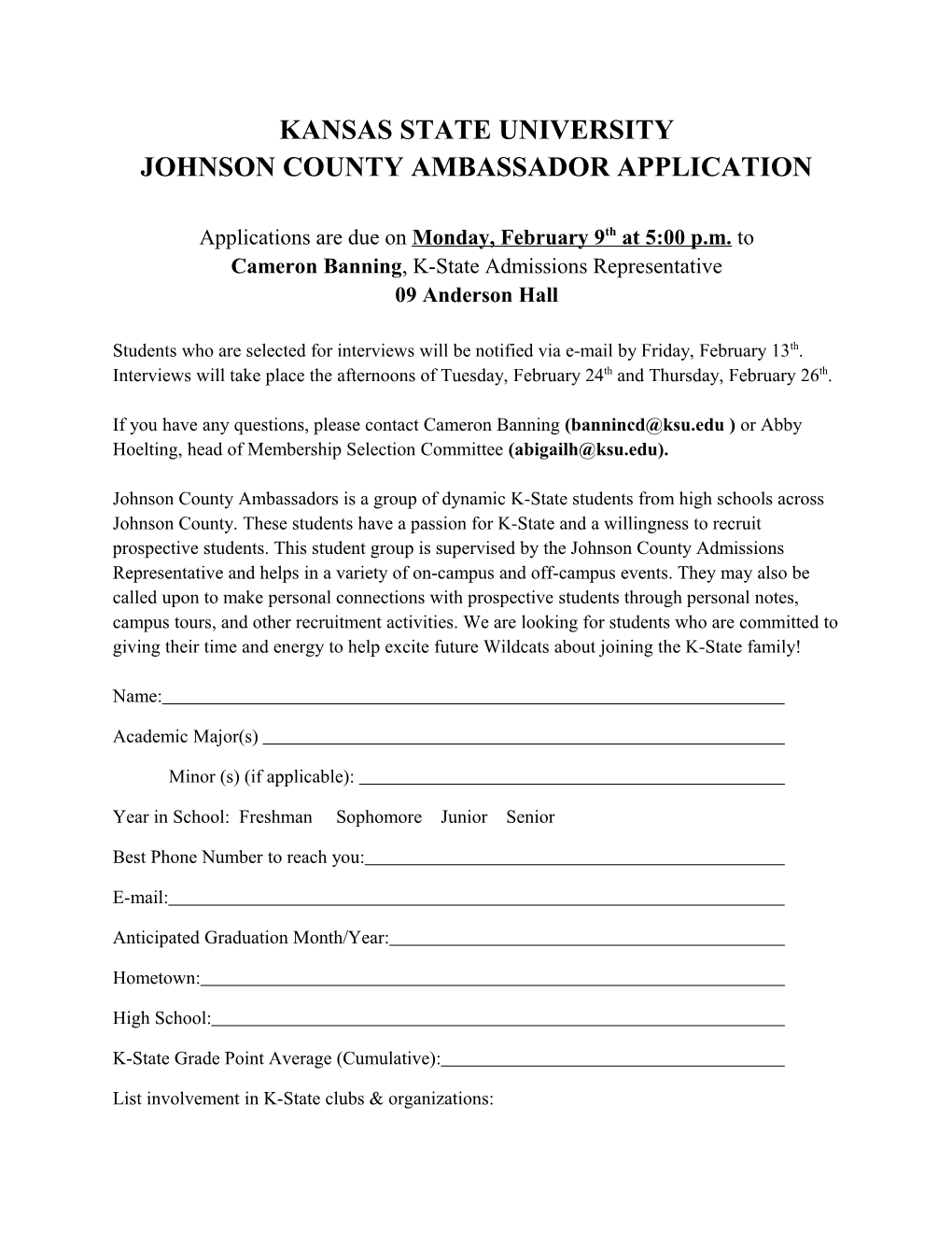 Johnson County Ambassador Application