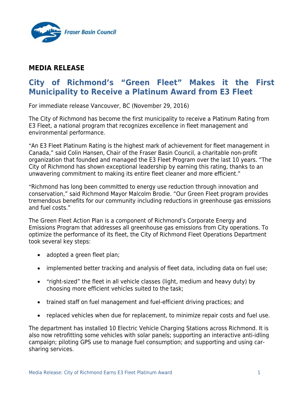 City of Richmond S Green Fleet Makes It the First Municipality to Receive a Platinum Award