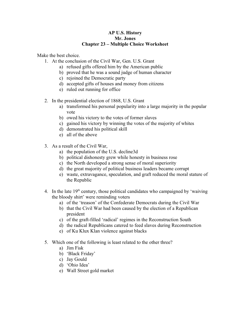 Chapter 23 Multiple Choice Worksheet