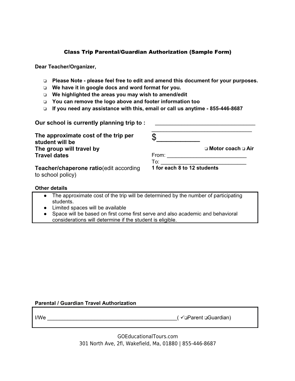 Class Trip Parental/Guardian Authorization (Sample Form)