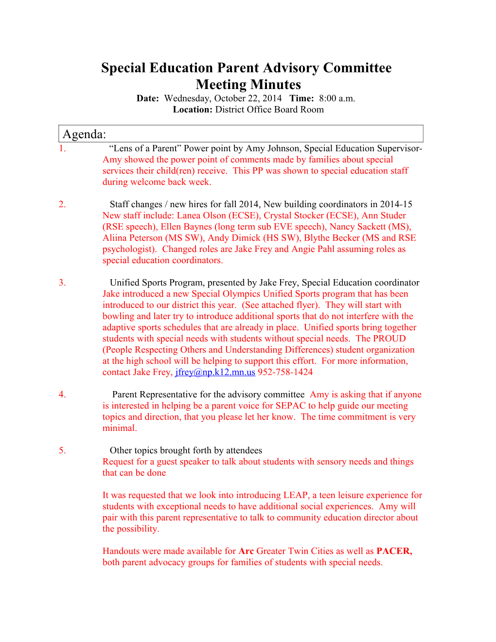 Special Education Parent Advisory Committee Agenda