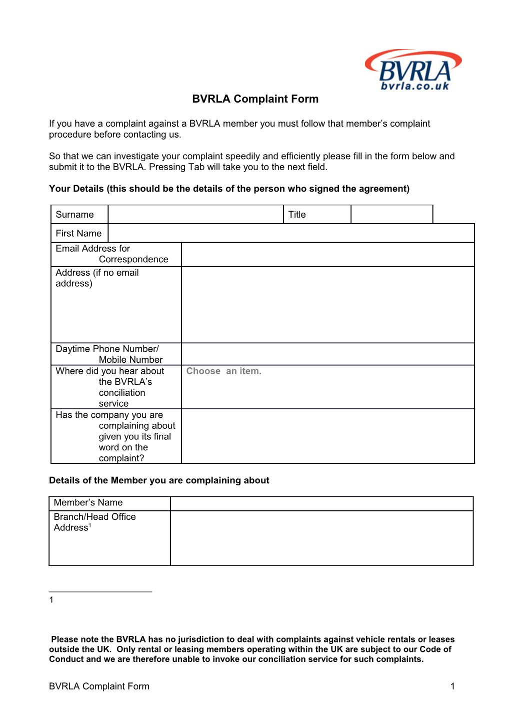 BVRLA Complaint Form