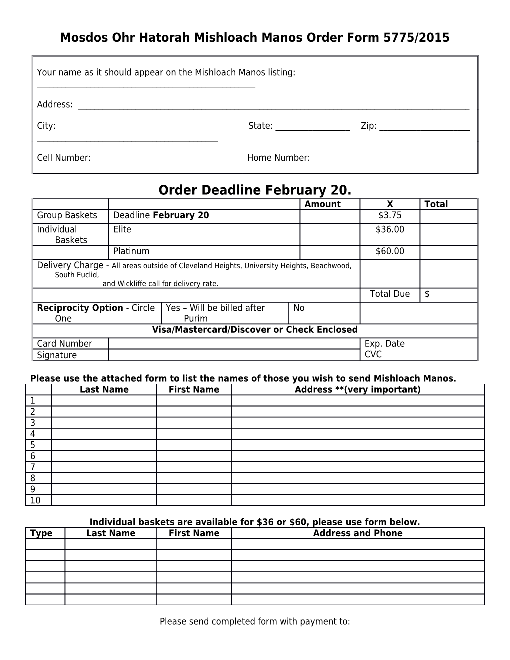 Mosdos Ohr Hatorah Mishloach Manos Order Form 5775/2015