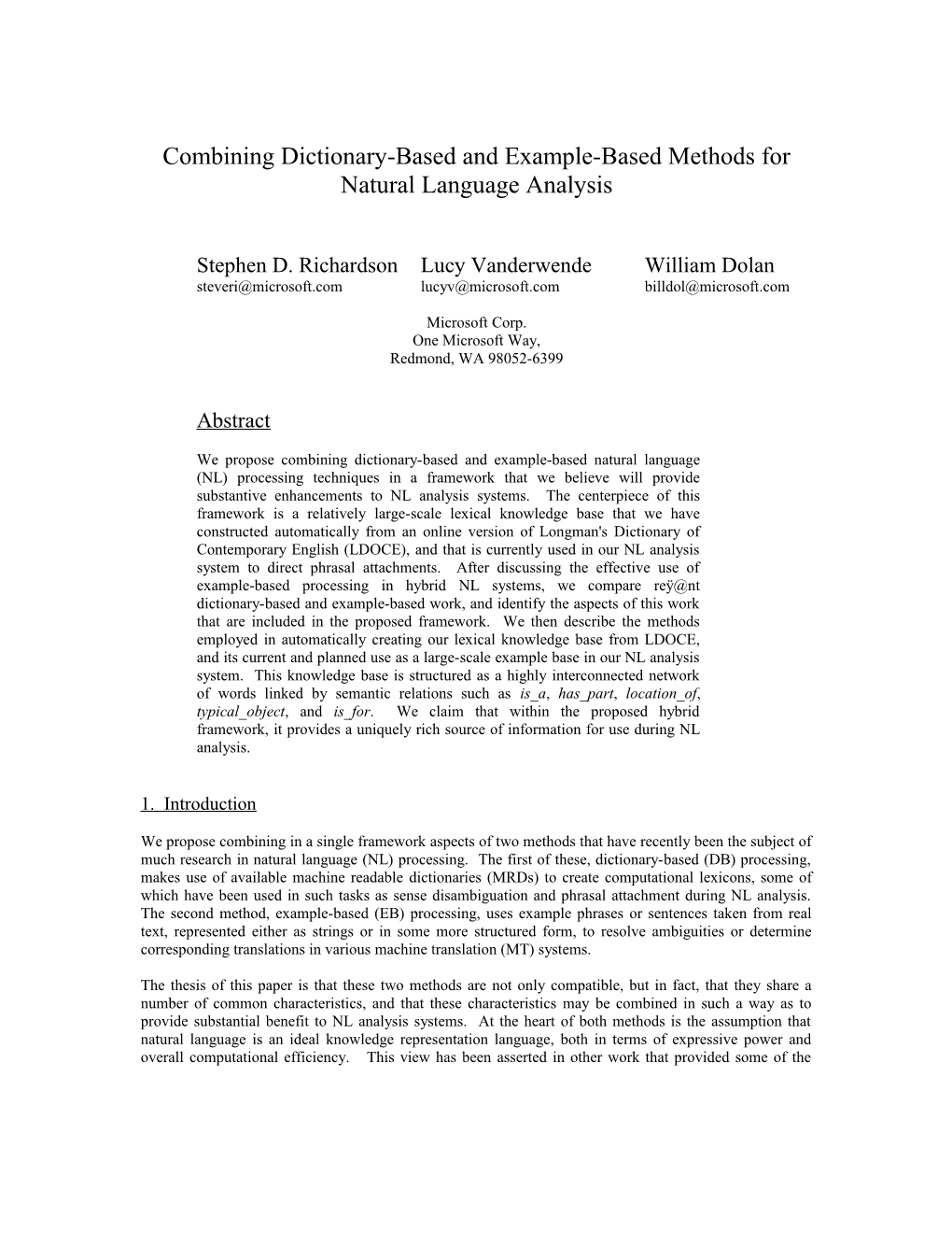 Combining Dictionary-Based And Example-Based Methods For Natural Language Analysis