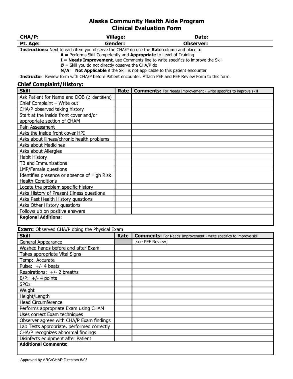 KANA CHAP Clinical Evaluation Form