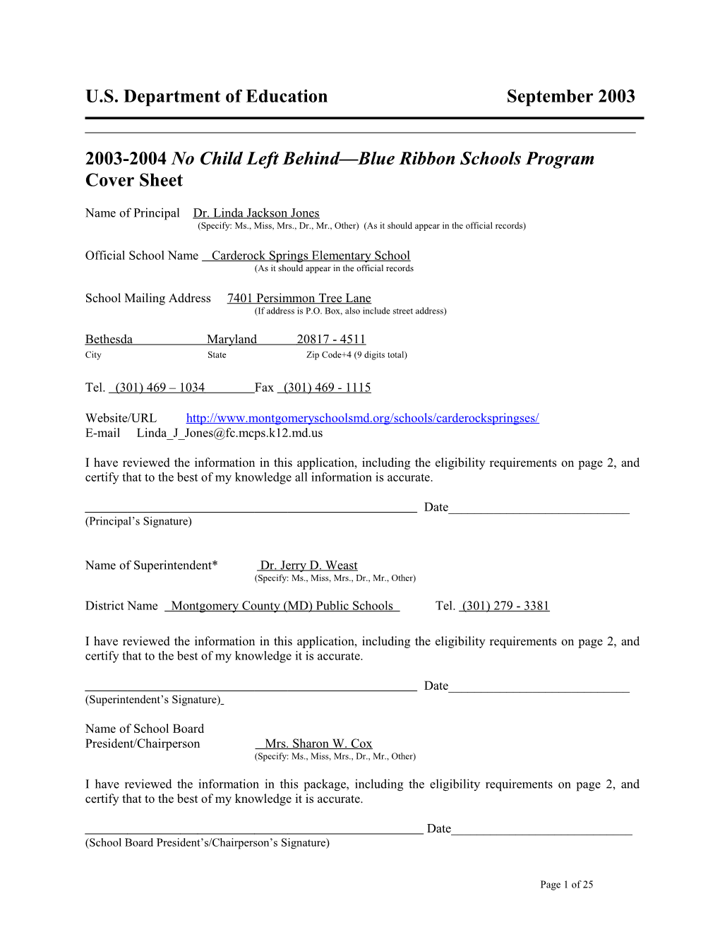 Carderock Springs Elementary School 2004 No Child Left Behind-Blue Ribbon School Application