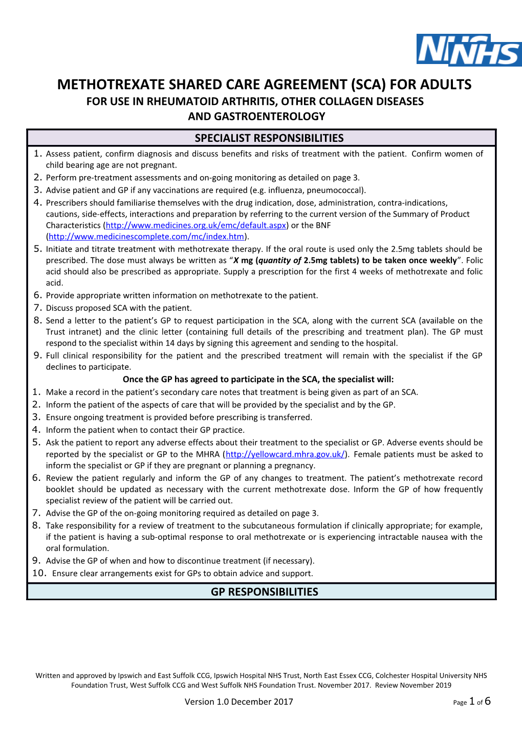 Methotrexateshared Care Agreement (Sca) for Adults