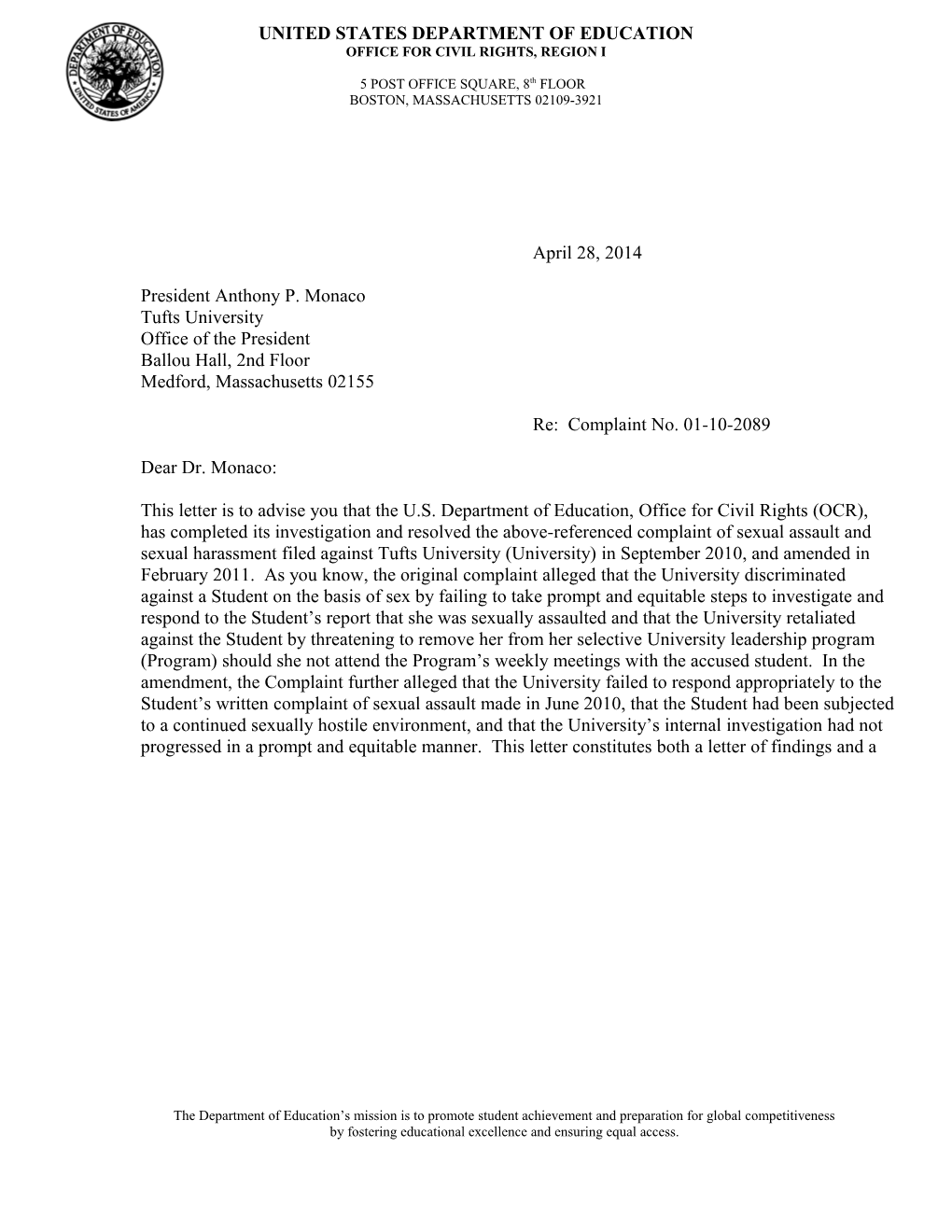 Resolution Letter: Tufts University, Massachusetts: Compliance Review #01-10-2089 April