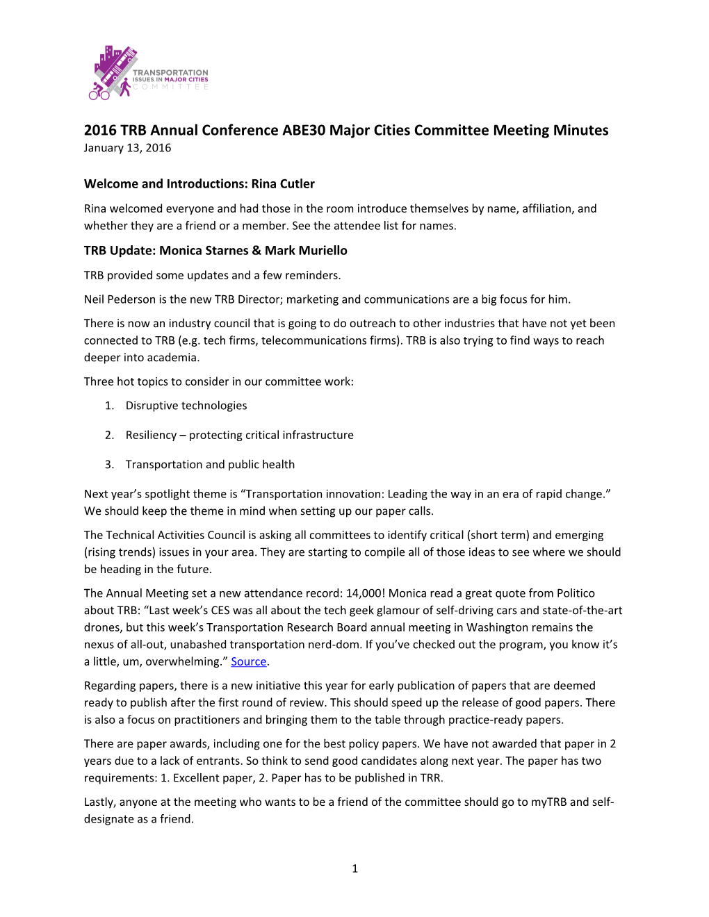 2016 TRB Annual Conference ABE30 Major Cities Committee Meetingminutes