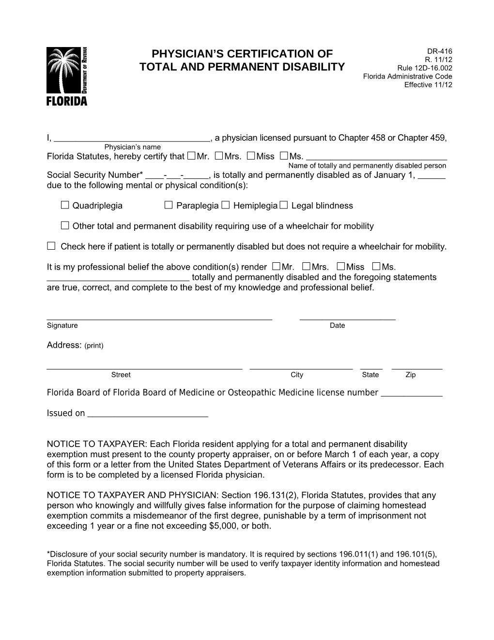 Physician's Certification of Total and Permanent Disability