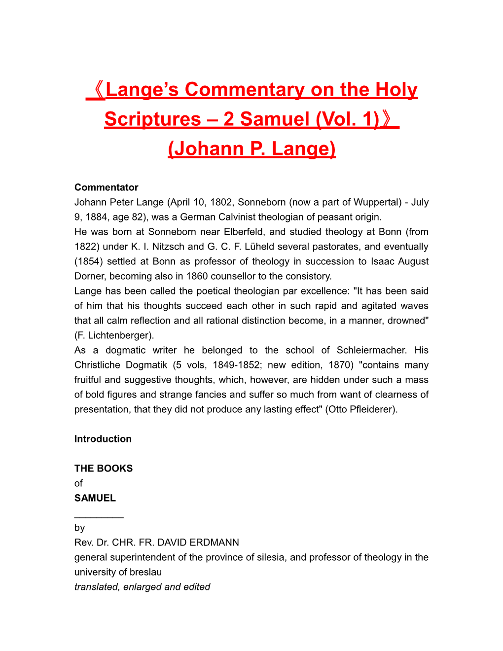 Lange S Commentary on the Holy Scriptures 2 Samuel (Vol. 1) (Johann P. Lange)