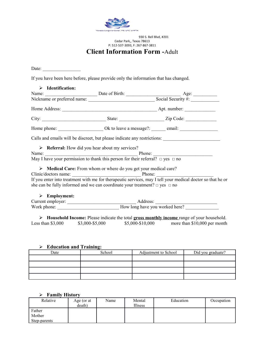 Client Information Form - Adult