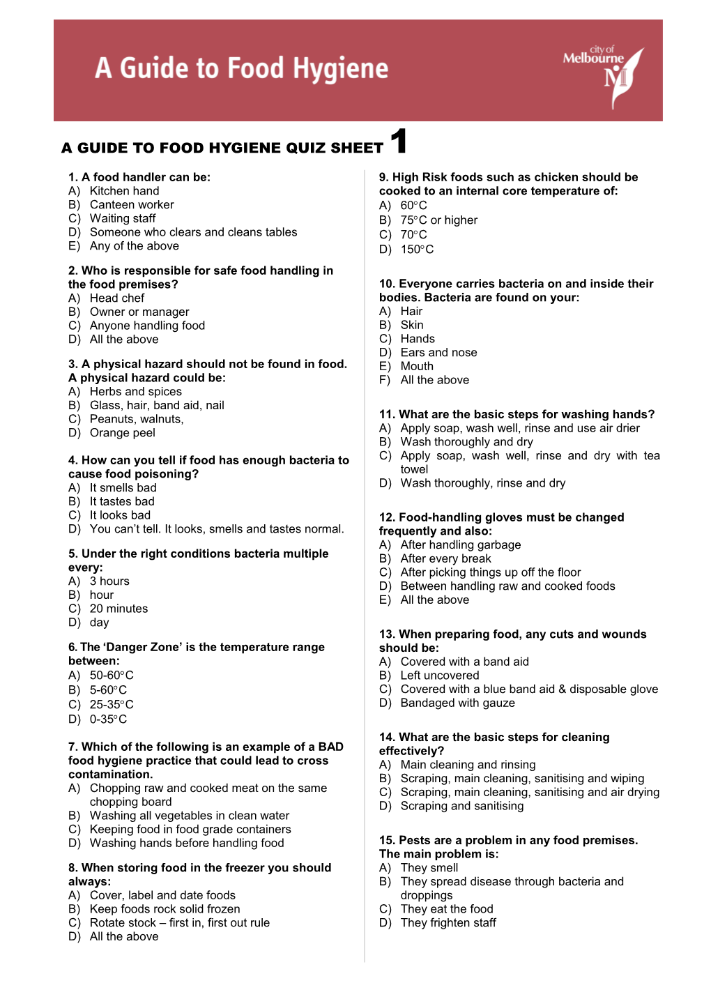 A Guide to Food Hygiene Quiz Sheet 1