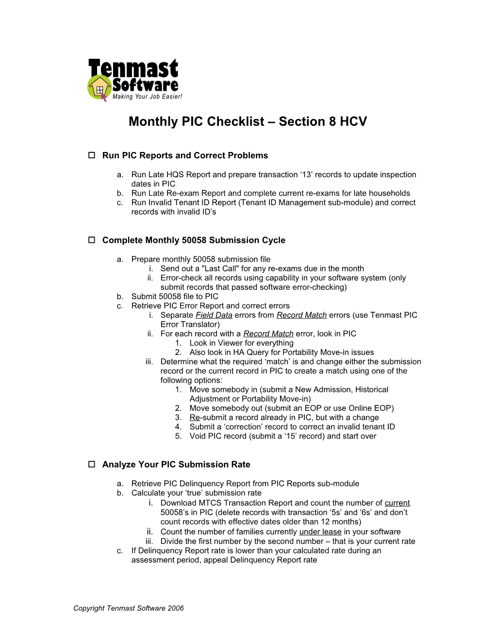 Monthly PIC Checklist Section 8 HCV