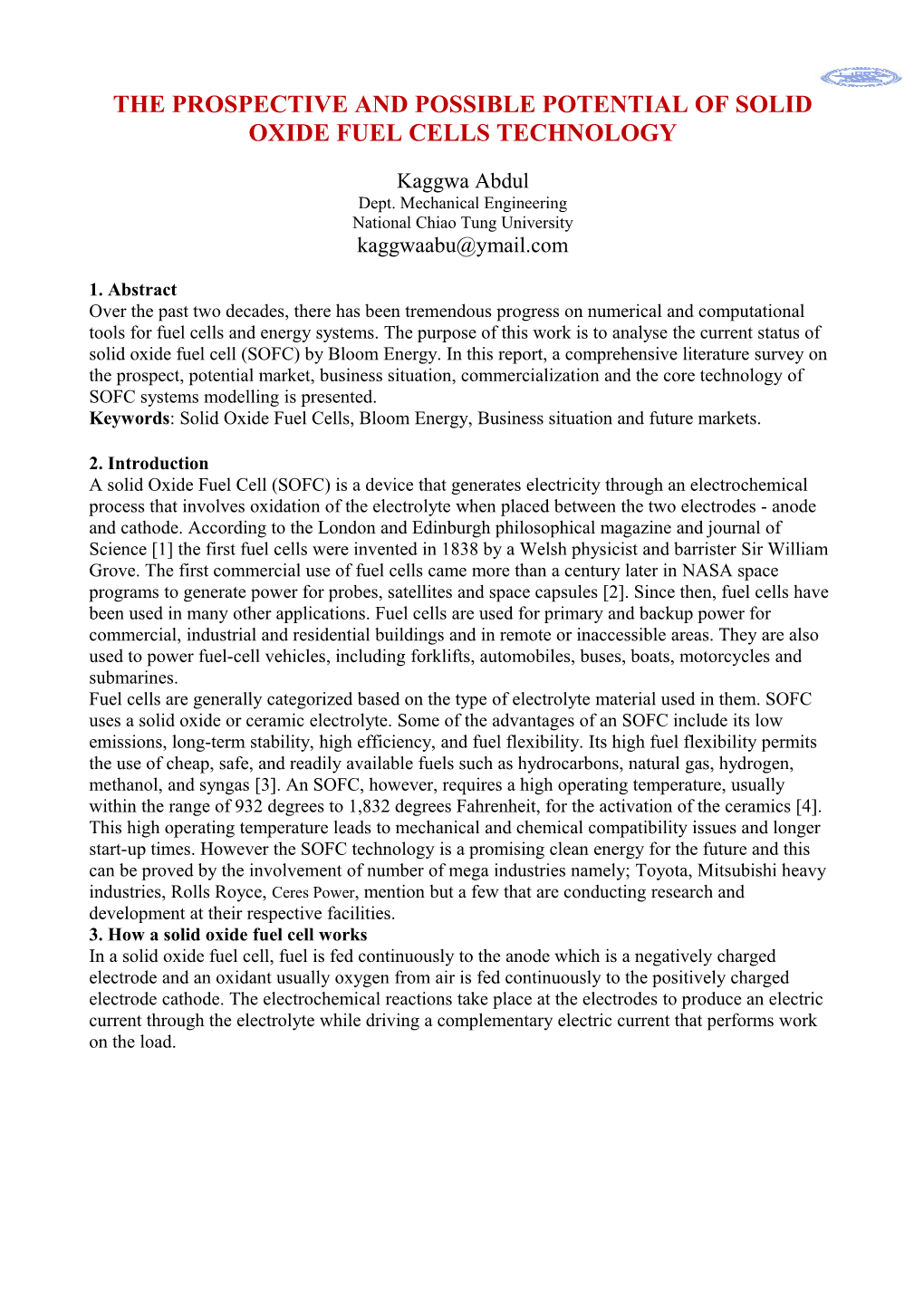 The Prospective and Possible Potential of Solid Oxide Fuel Cells Technology