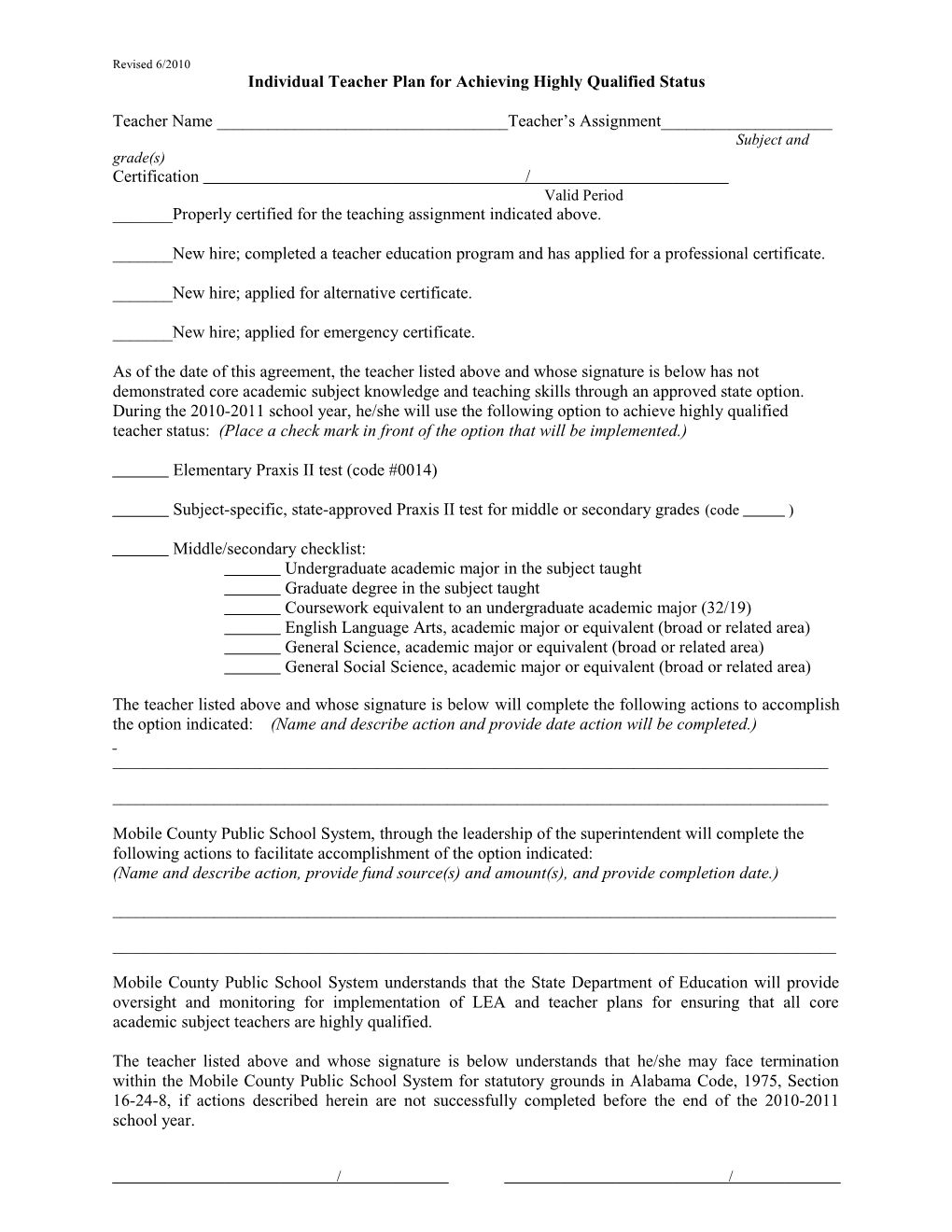 Individual Teacher Plan For Achieving Highly Qualified Status