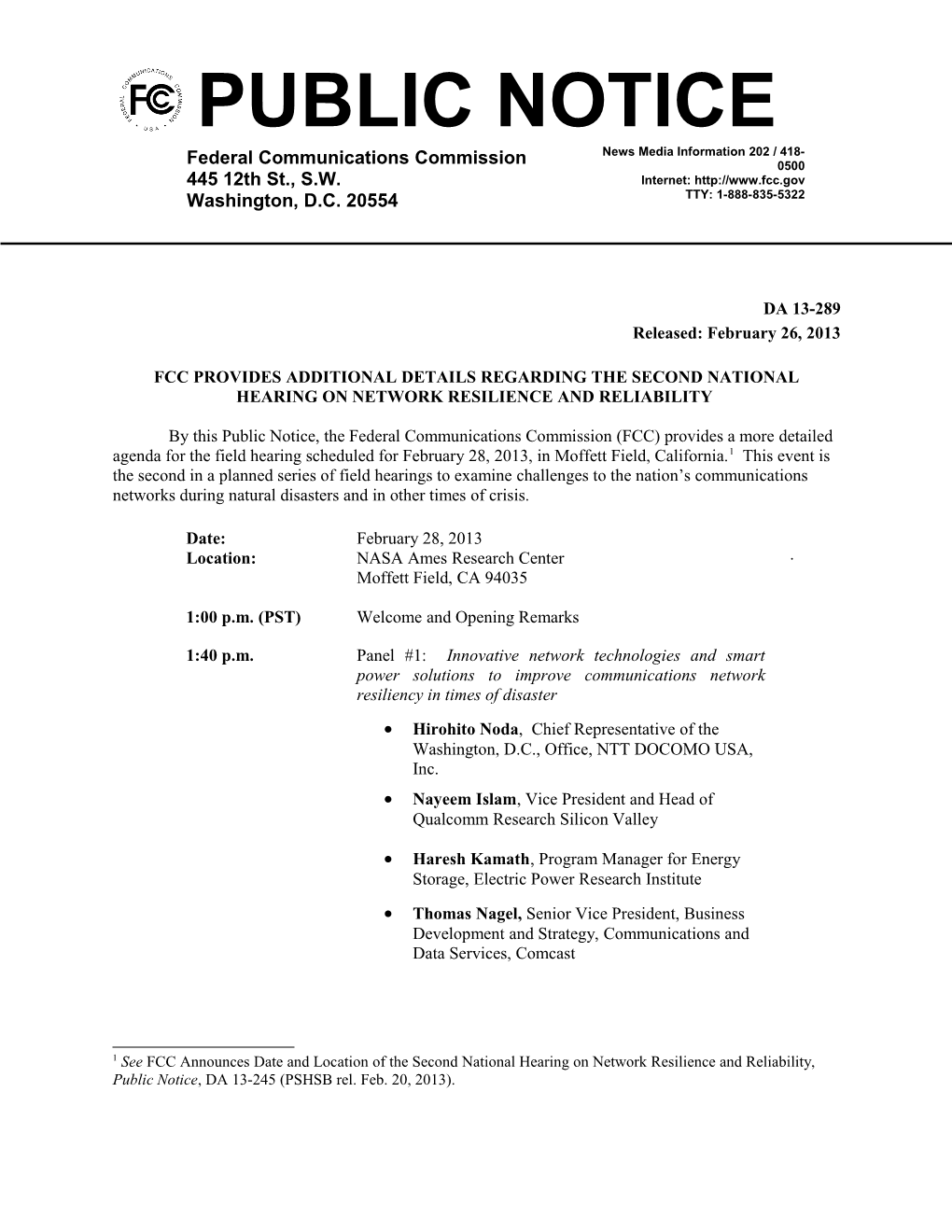 Fcc Provides Additional Details Regarding the Second National Hearing on Network Resilience