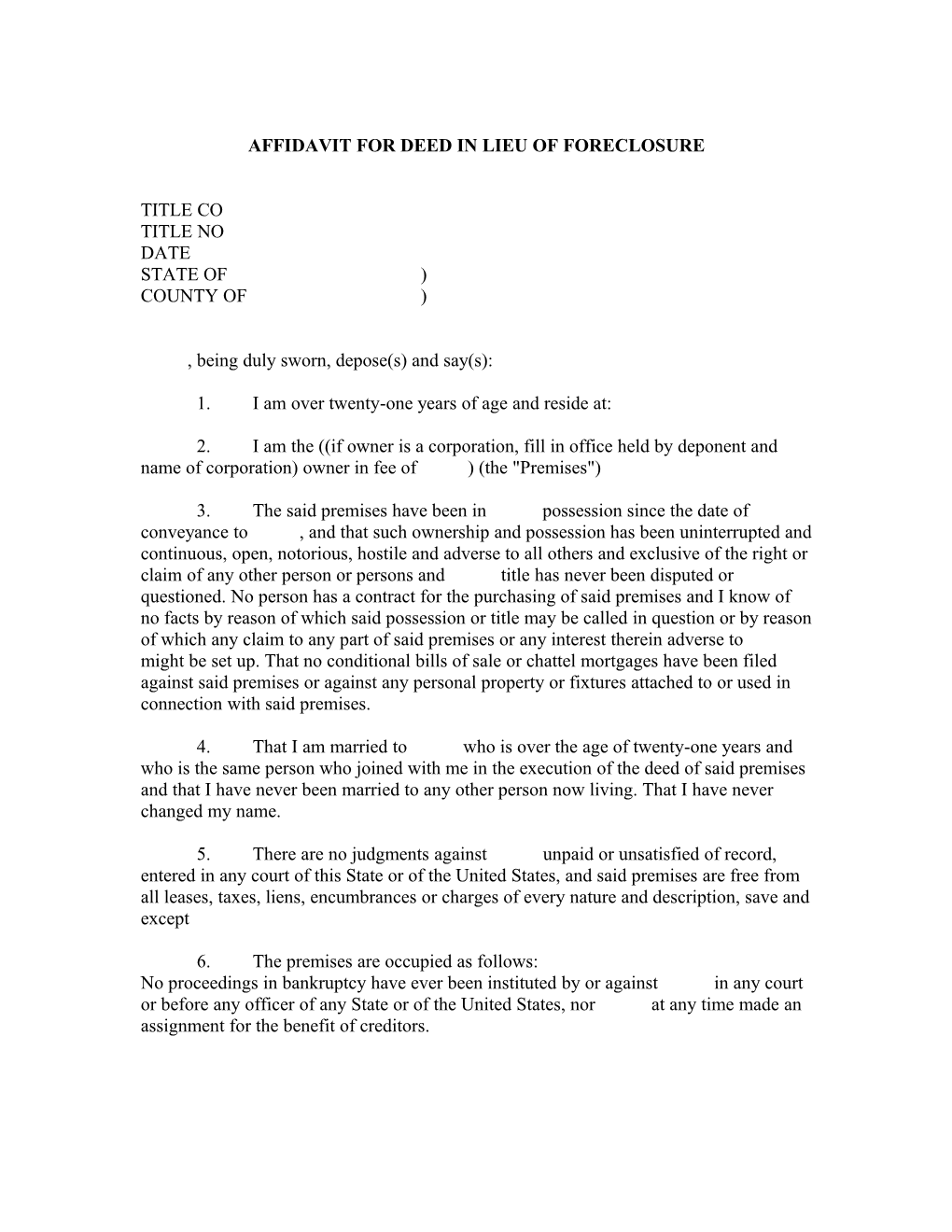 Affidavit for Deed in Lieu of Foreclosure