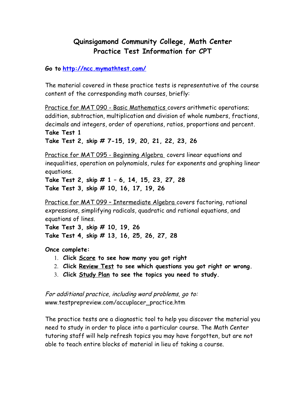 Practice Test Information for CPT