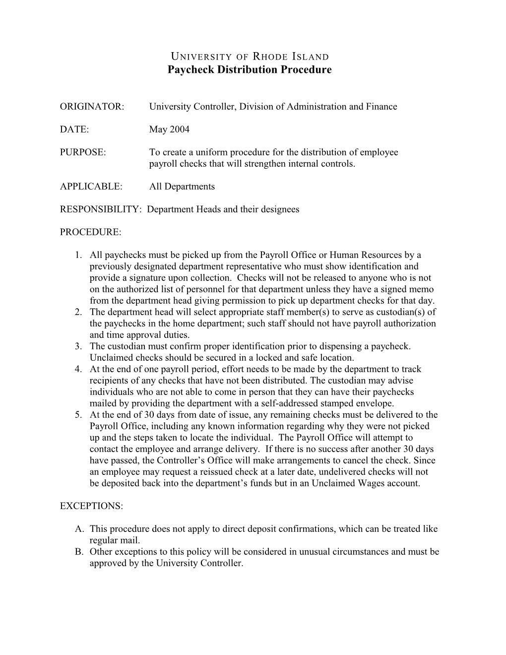 Paycheck Distribution Procedure