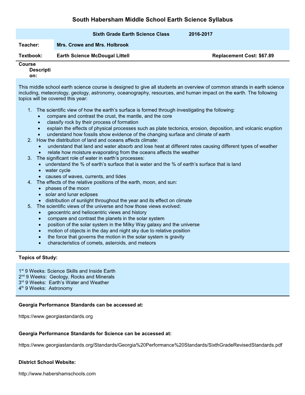 South Habersham Middle School Earth Science Syllabus